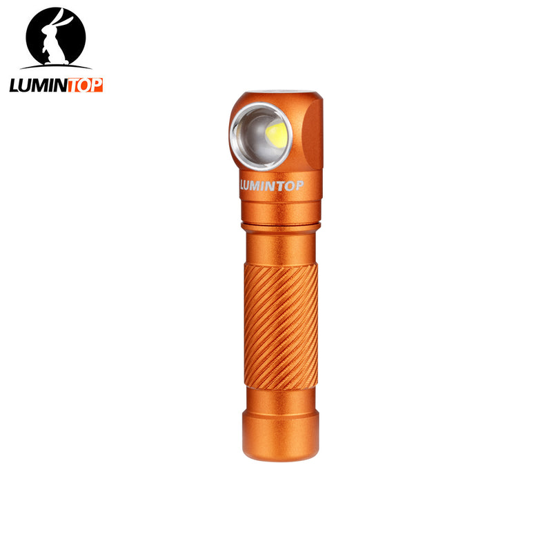 Lumintop L3 mini angle flashlight orange L-shaped head high performance LED diagonal knurling grip Lumintop logo white background