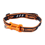 Lumintop L3 mini angle flashlight orange with Lumintop headband reflective strip adjustable strap headlamp mode white background