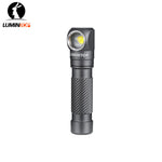 Lumintop L3 mini angle flashlight gray front view standing L-shaped head LED emitter diagonal knurling Lumintop logo white background