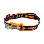 Lumintop L3 mini angle flashlight gray with Lumintop headband reflective strip adjustable strap headlamp mode white background	