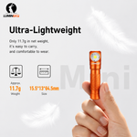 Lumintop L3 mini angle flashlight orange ultra-lightweight 11.7g net weight size 15.5x13x64.5mm finger pinch grip compact EDC light gray background