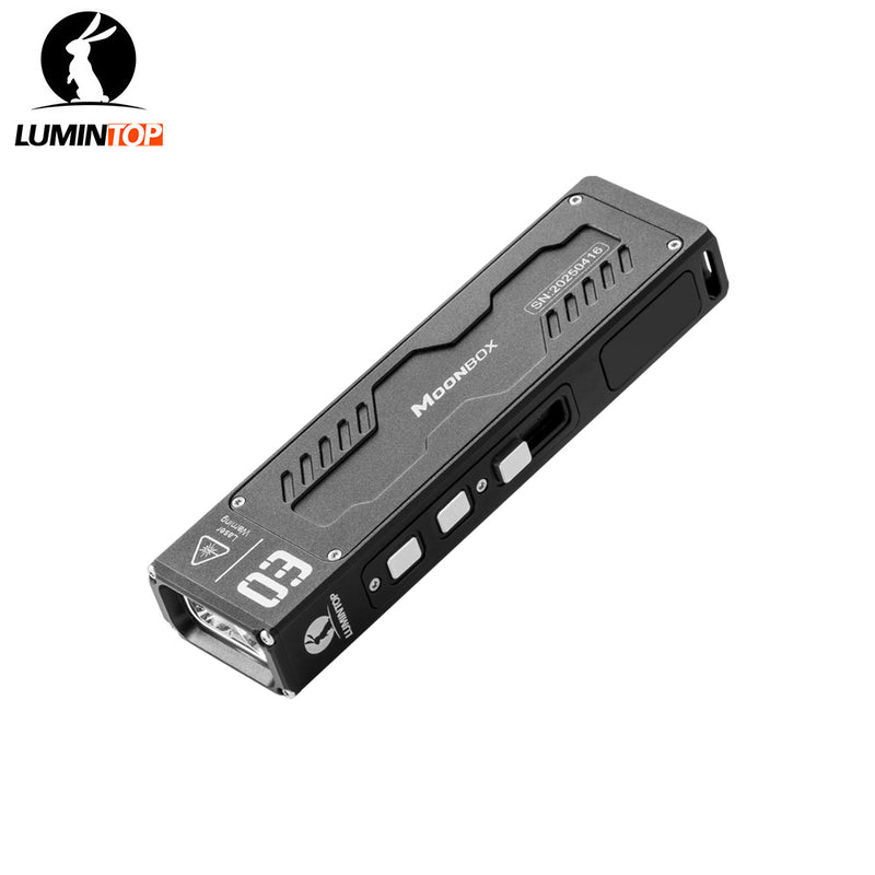 Lumintop MoonBox 3.0 gray titanium color multi-function EDC flashlight white light red green laser UV RGB 1200 lumens white background