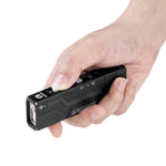Lumintop MoonBox 3.0 black hand held one-hand grip ergonomic flat slim design dual buttons laser warning label white background EDC flashlight