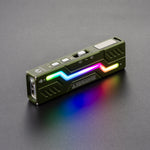 Lumintop MoonBox 3.0 army green RGB mood lighting rainbow flow glowing dark gray background dual buttons OLED display EDC flashlight