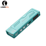 Lumintop MoonBox 3.0 teal cyan aluminum angled view MoonBox logo dual buttons OLED display heat dissipation white background EDC flashlight