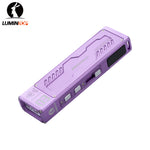Lumintop MoonBox 3.0 purple aluminum angled view MoonBox logo dual buttons OLED display heat dissipation white background EDC flashlight
