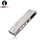 Lumintop MoonBox 3.0 titanium sandblasted angled view MoonBox logo dual buttons OLED display serial number white background EDC flashlight