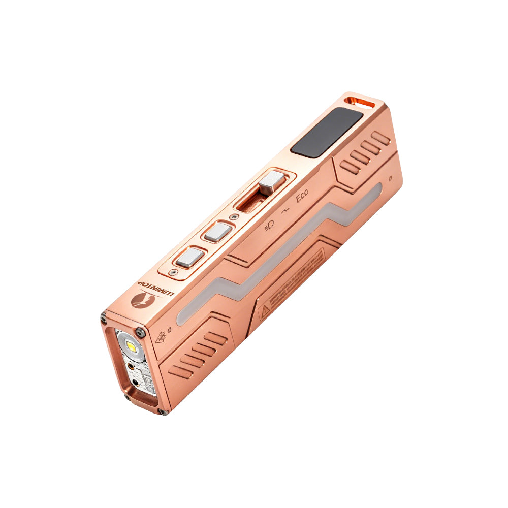 Lumintop MoonBox 3.0 copper EDC flashlight side angled view showing control buttons