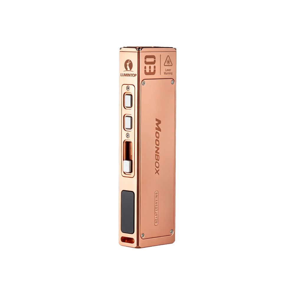 Lumintop MoonBox 3.0 copper EDC flashlight side view with laser warning label