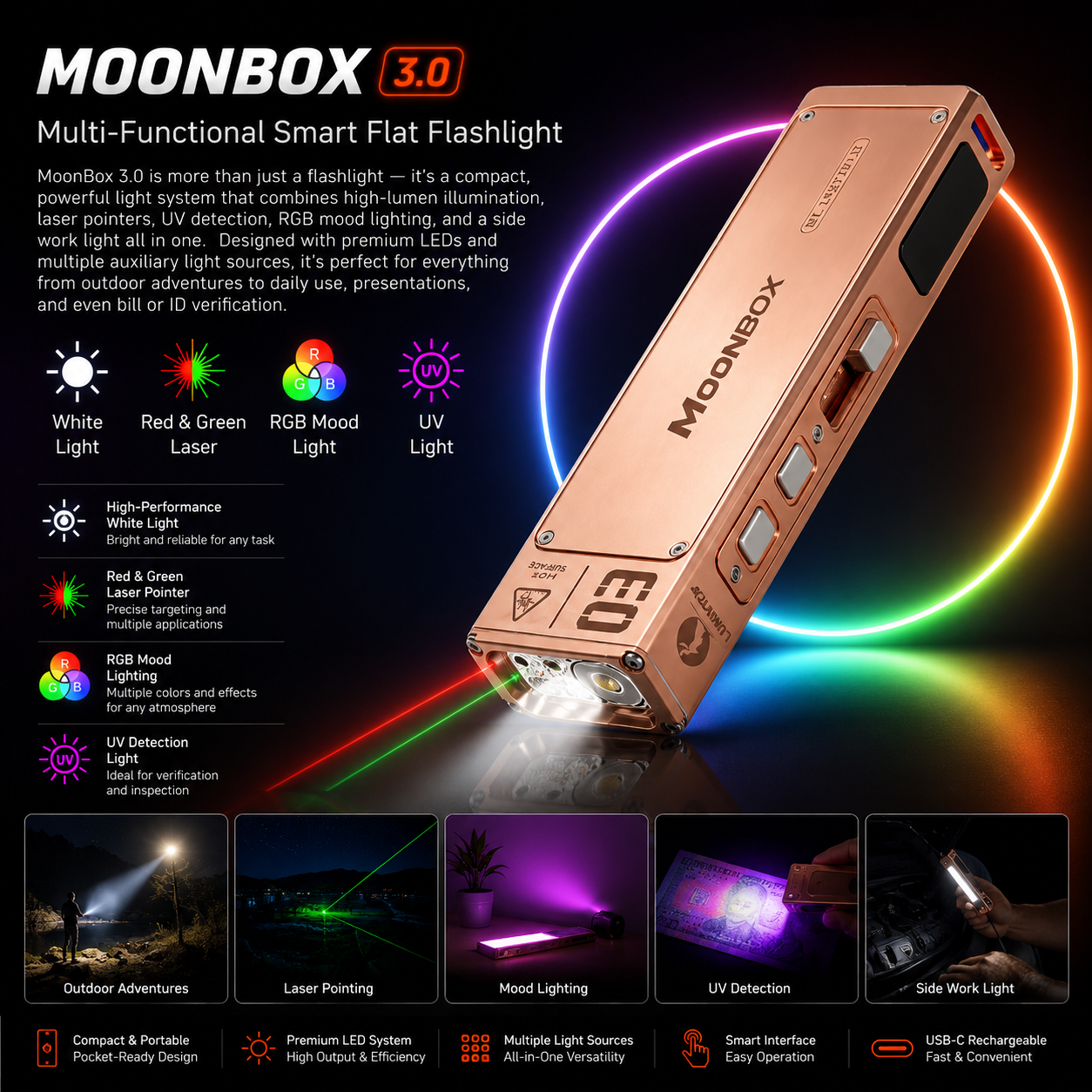 Lumintop MoonBox 3.0 copper multi-function EDC flashlight white light dual laser RGB UV side work light all-in-one