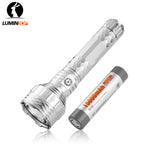 Lumintop PK90 long range flashlight white silver color with 33140 15000mAh Li-ion rechargeable battery Lumintop logo diamond knurling white background