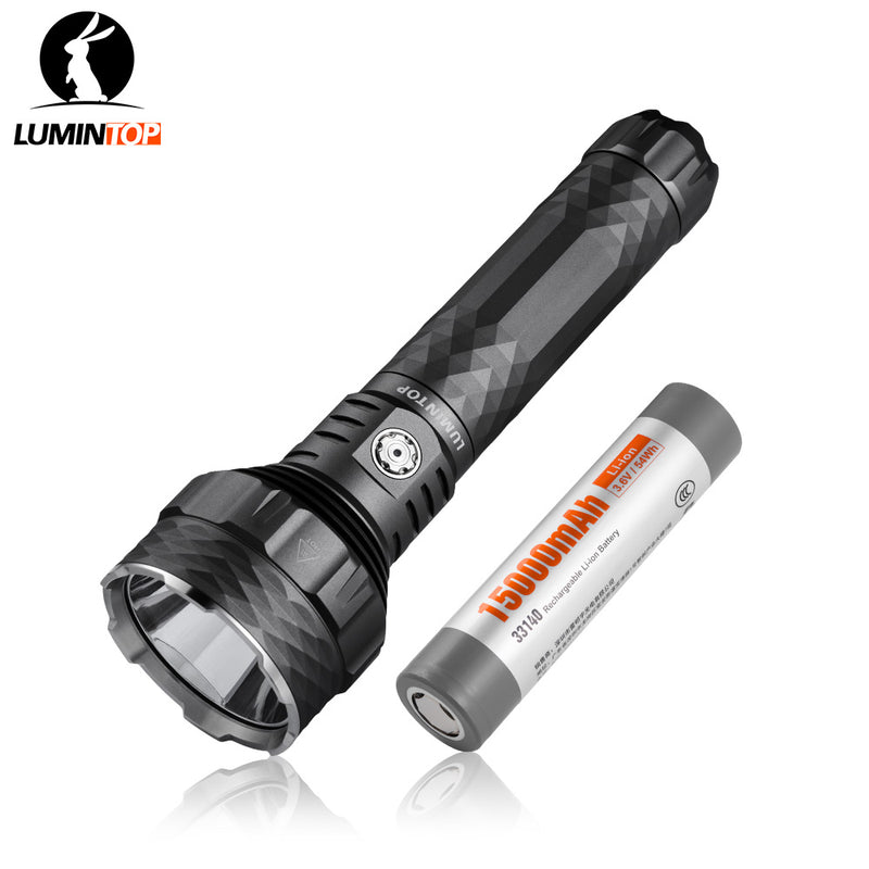 Lumintop PK90 long range flashlight black with 33140 15000mAh 3.6V Li-ion rechargeable battery Lumintop logo diamond knurling white background