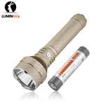 Lumintop PK90 long range flashlight desert tan sand color with 33140 15000mAh Li-ion rechargeable battery Lumintop logo white background