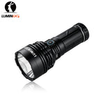Lumintop Power 2.0 high power flashlight black angled view side switch blue indicator light heat sink fins Lumintop logo white background