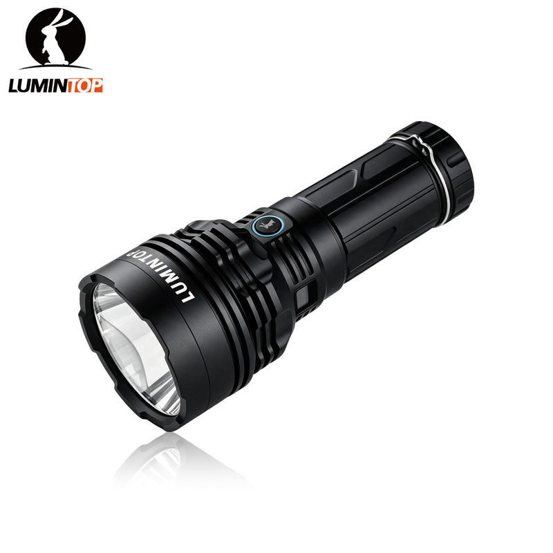 Lumintop Power 2.0 high power flashlight black angled view side switch blue indicator light heat sink fins Lumintop logo white background