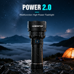 Lumintop Power 2.0 multifunction high power flashlight black body standing vertical camping tent starry night mountain background