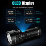 Lumintop Power 2.0 OLED display real-time information name distance runtime temperature battery level percentage charging voltage current four screen modes black body dark background