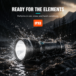 Lumintop Power 2.0 IPX8 waterproof ready for the elements performs in rain snow harsh outdoor conditions water splash black body rock mountain stormy background