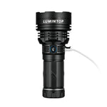 Lumintop Power 2.0 high power flashlight black standing vertical front view Lumintop logo side switch blue indicator light USB-C charging cable connected heat sink fins white background