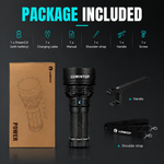 Lumintop Power 2.0 package includes 1x Power 2.0 flashlight with battery 1x charging cable 1x manual 1x shoulder strap 1x detachable handle 1x screw Lumintop kraft paper box black background