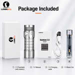 Lumintop Rainbow 2.0 remote controllable RGB flashlight package included 1x flashlight with battery 1x user manual 1x charging cable 1x Black Cat remote control white Lumintop box