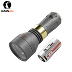 Lumintop Thor II Titanium Ti-stonewashed LEP flashlight with Lumintop 18350 USB-C rechargeable Li-ion battery included titanium body side by side white background