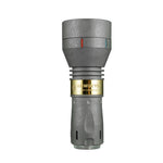 Lumintop Thor II Titanium Ti-stonewashed LEP flashlight standing vertical gold nameplate serial number red green glow bars trit slots white background