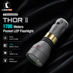 Lumintop Thor II Titanium Ti-stonewashed pocket LEP flashlight 1700 meters throw white laser emitter 18350 Li-ion IPX8 waterproof titanium body black velvet background