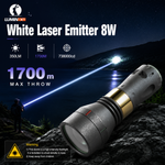Lumintop Thor II Titanium LEP flashlight white laser emitter 8W 350 lumens 1700 meters max throw 738000 candela person holding beam night lake mountain background