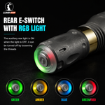 Lumintop Thor II Titanium LEP flashlight rear E-switch RGB auxiliary tail light always on when light off green amber blue green red color options tail cap close-up dark background