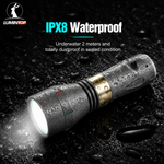 Lumintop Thor II Titanium LEP flashlight IPX8 waterproof submersible underwater 2 meters totally dustproof sealed condition titanium stonewashed body water drops black background