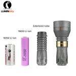 Lumintop Thor II Titanium LEP flashlight dual battery compatibility 18350 Li-ion included 18650 Li-ion optional extension tube sold separately four components size comparison white background	