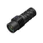 Lumintop Thor Mini LEP flashlight black angled view white laser emitter lens side switch diamond knurling white background