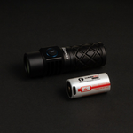 Lumintop Thor Mini LEP flashlight with Lumintop 18350 USB-C rechargeable Li-ion battery 1100mAh compact size black background