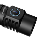 Lumintop Thor Mini LEP flashlight side switch closeup blue backlit E-switch heat sink fins Lumintop logo black anodized aluminum