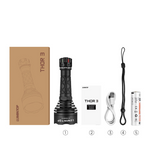 Lumintop Thor 3 LEP flashlight package contents 1x flashlight 1x user manual 1x USB-C cable 1x lanyard 1x 21700 4900mAh battery Lumintop kraft box white background