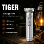 Lumintop Tiger vintage flashlight silver 4000 lumens max output 458 meters beam distance 5 output levels strobe SOS beacon person holding beam night forest rock background