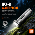 Lumintop Tiger vintage style flashlight silver front view standing vertical ribbed body dual-switch panel diamond cut head Lumintop logo white background