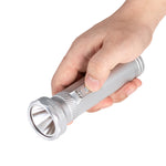 Lumintop Tiger vintage style flashlight silver hand held side view vertical ribbed body dual-switch panel E-switch magnetic control switch white background