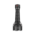 Lumintop Thor 3 LEP spotlight flashlight black front view standing white laser emitter lens red side switch diamond knurling heat sink white background